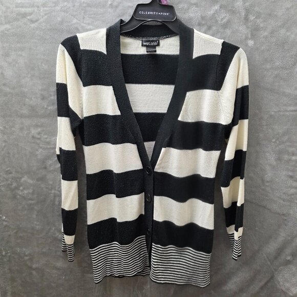 Wet Seal Black & White Striped Cardigan‎ - Size Large - Picture 1 of 12